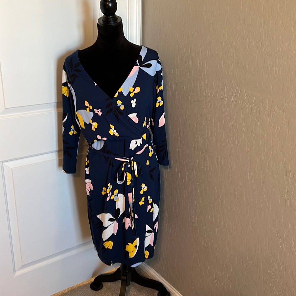 Navy w/ floral design-Faux wrap 3/4 sleeve cotton mid-length dress